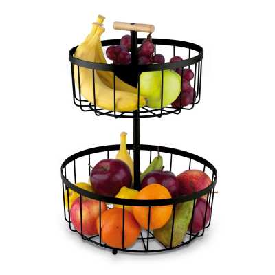 Kulatý dvoupatrový košík na ovoce s dřevěnou rukojetí 38 × 29 cm Obrázek pro Kulatý dvoupatrový košík na ovoce s dřevěnou rukojetí 38 × 29 cm