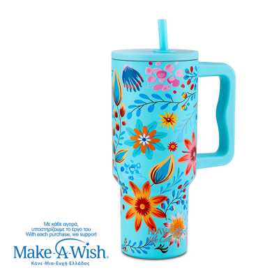 Termohrnek 900ml s brčkem CYAN FLORAL Obrázek pro Termohrnek 900ml s brčkem CYAN FLORAL